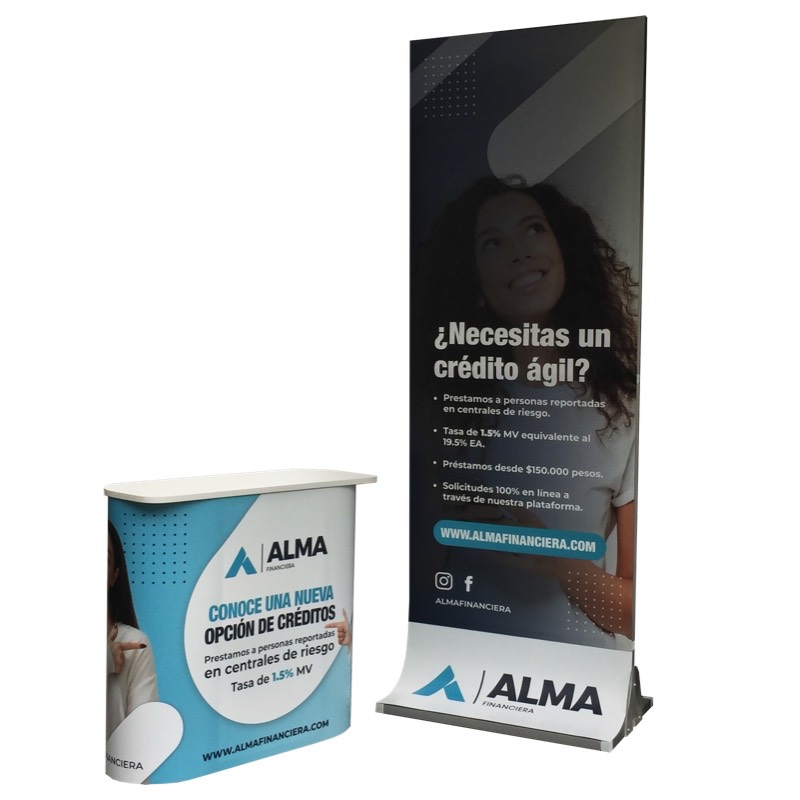 Stands, displays, demosets, mesas, counters, backings, Totems, vallas portátiles