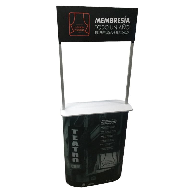 Stands, displays, demosets, mesas, counters, backings, Totems, vallas portátiles